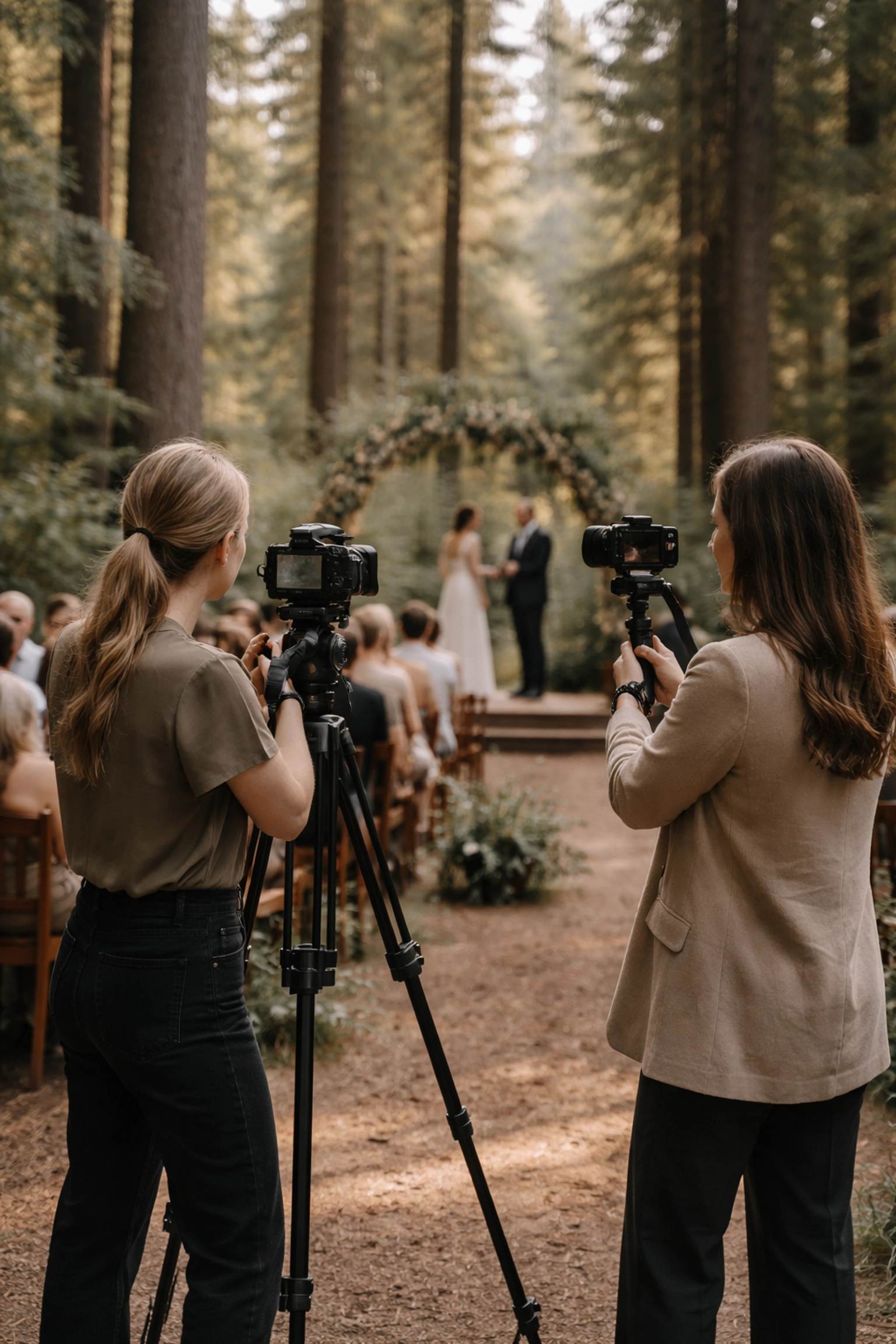 Two female videographers film an outdoor forest wedding in Oregon, surrounded by towering Douglas fir trees and soft natural light.