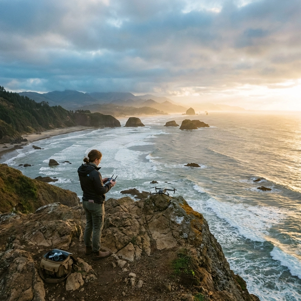Female drone videographer stands on Oregon coastal cliff at sunset, highlighting epic wedding video locations.