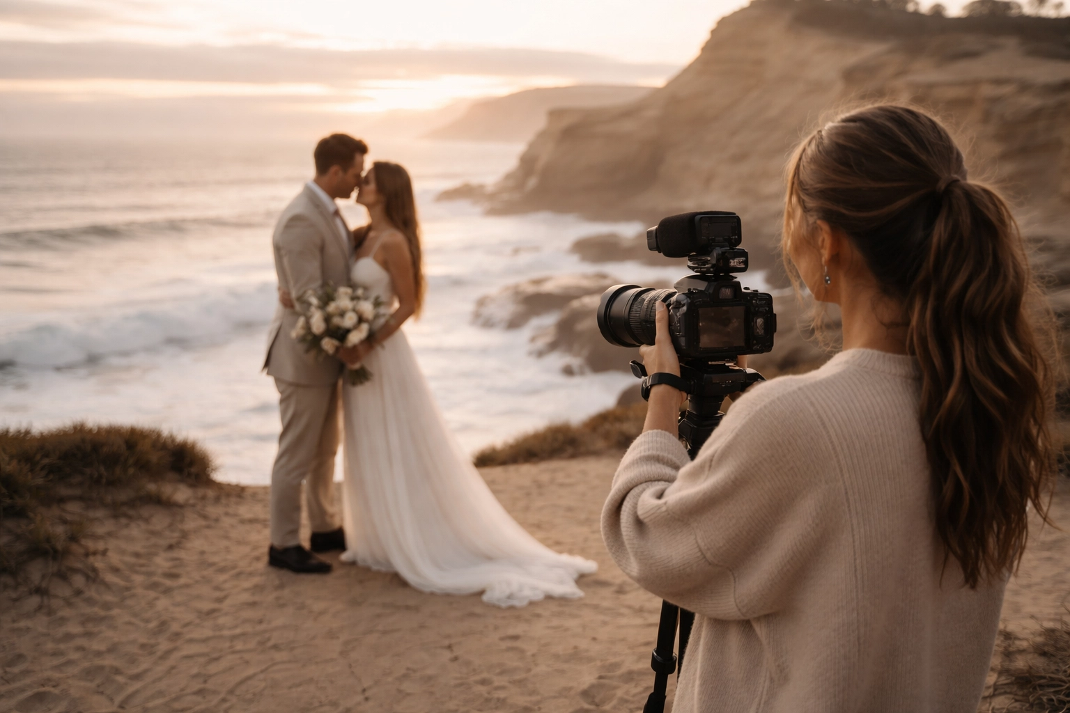 Female wedding videographer filming an opposite-sex couple at Cape Kiwanda with Oregon coast cliffs and waves at sunset