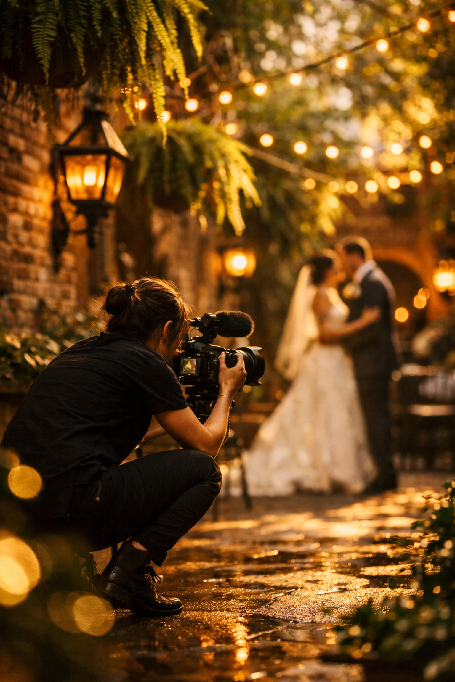 Wedding videographer capturing authentic moments in romantic French Quarter courtyard