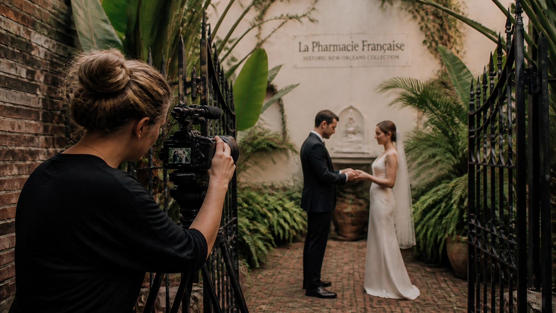 A female videographer documenting an intimate ceremony in the Pharmacy Museum courtyard