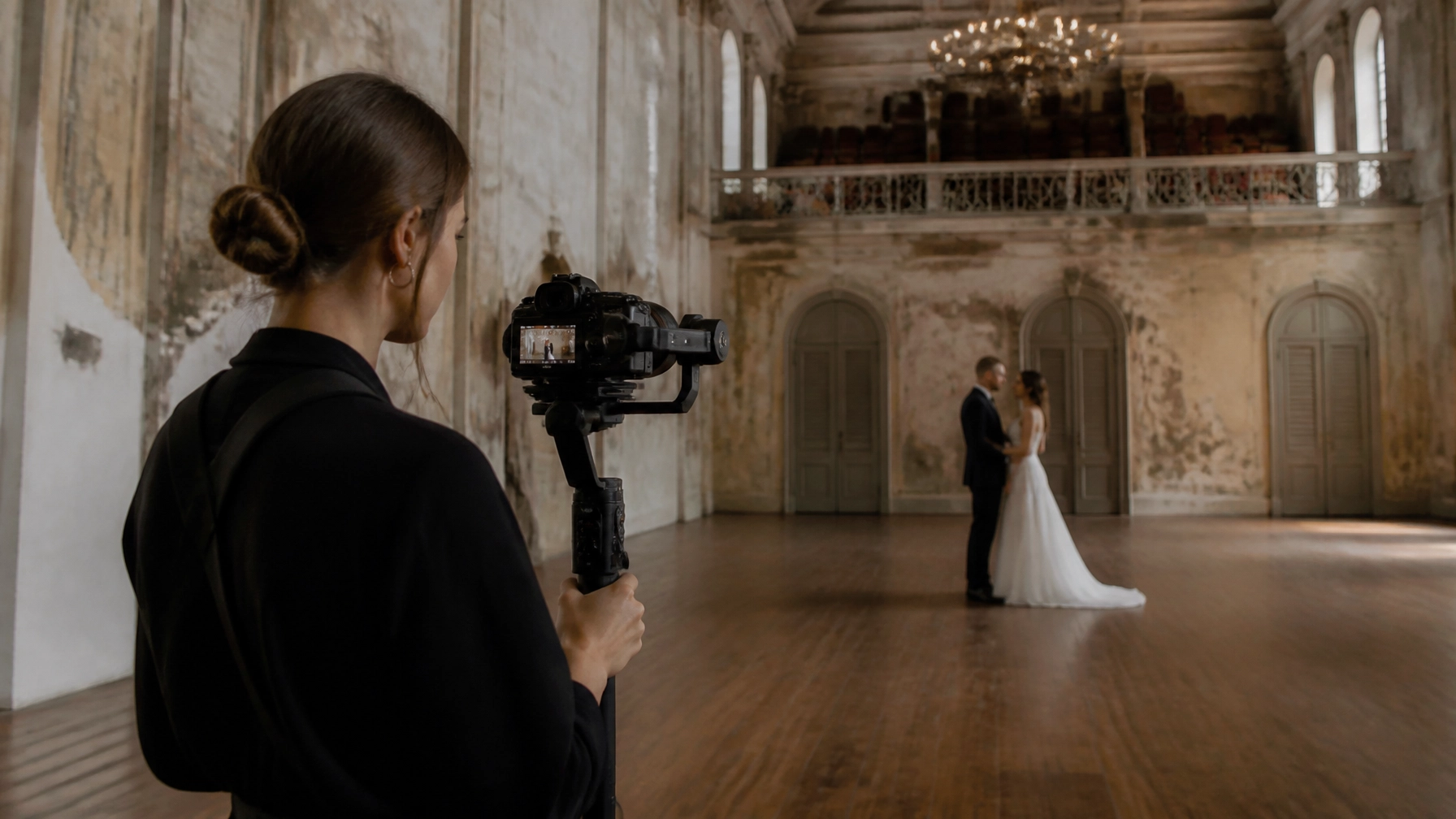 A professional female videographer filming a couple inside the Marigny Opera House with high ceilings and weathered walls
