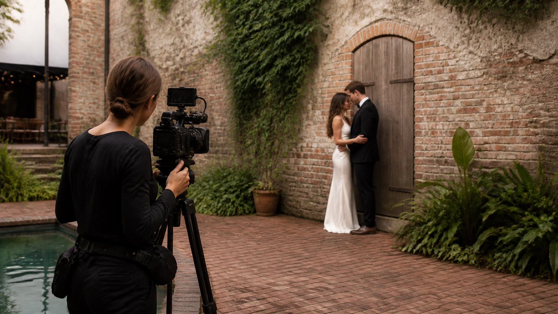 A female wedding videographer capturing a couple in the rustic courtyard of Race & Religious