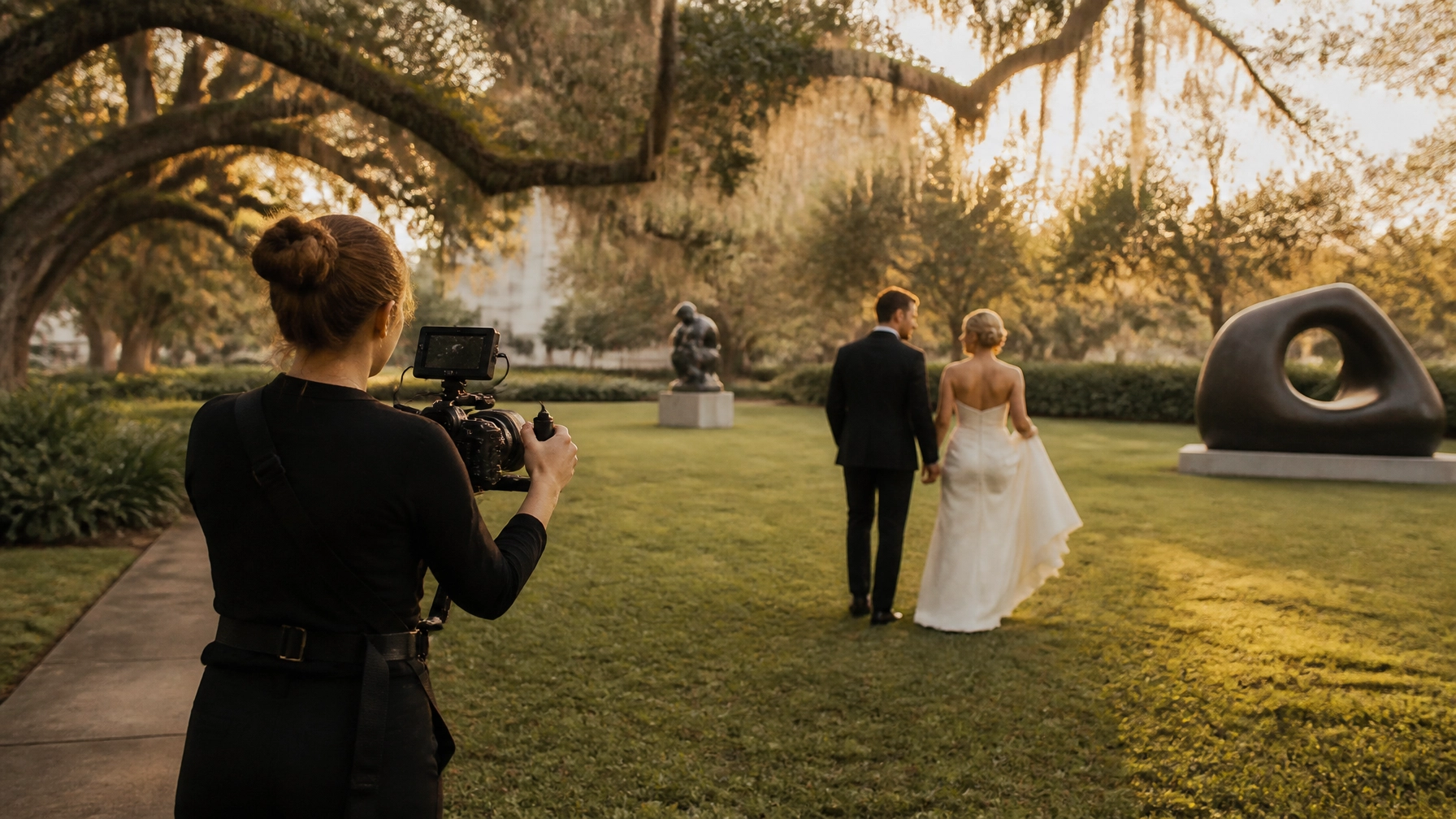 A female videographer filming a bride and groom in the NOMA Sculpture Garden at golden hour