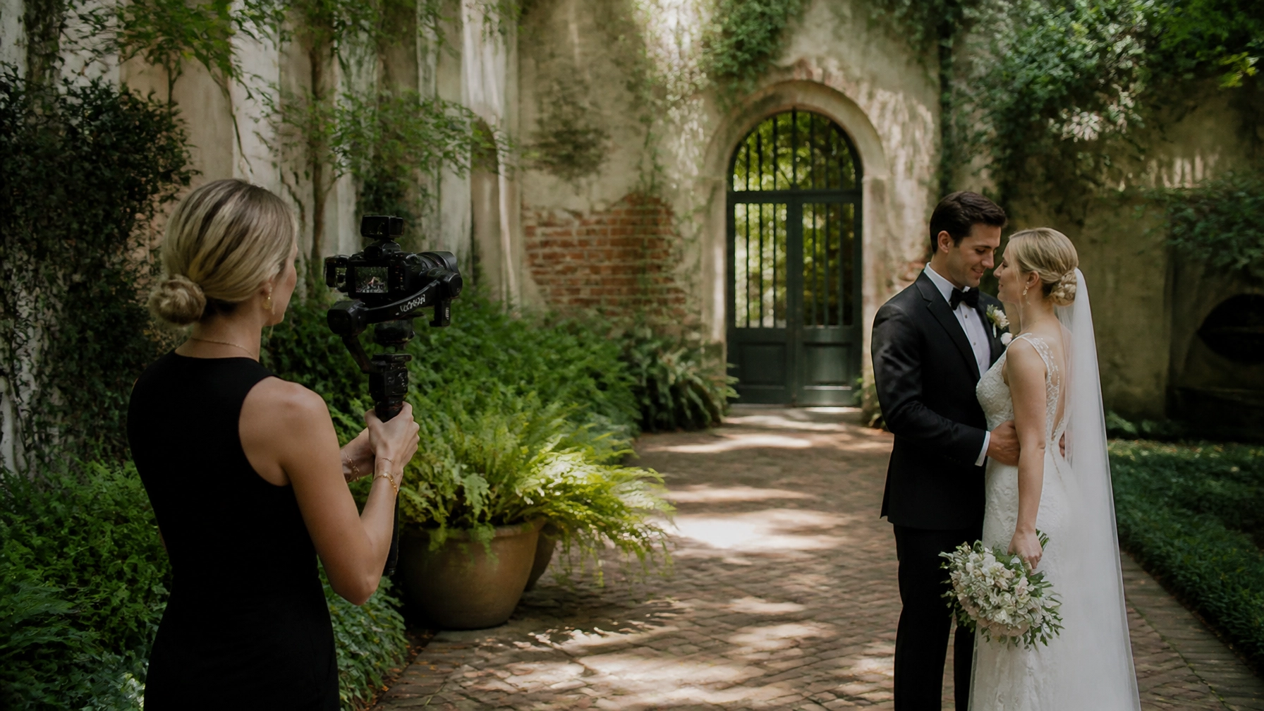 A professional female videographer filming an opposite-sex couple in a lush, historic New Orleans courtyard with soft, natural lighting.
