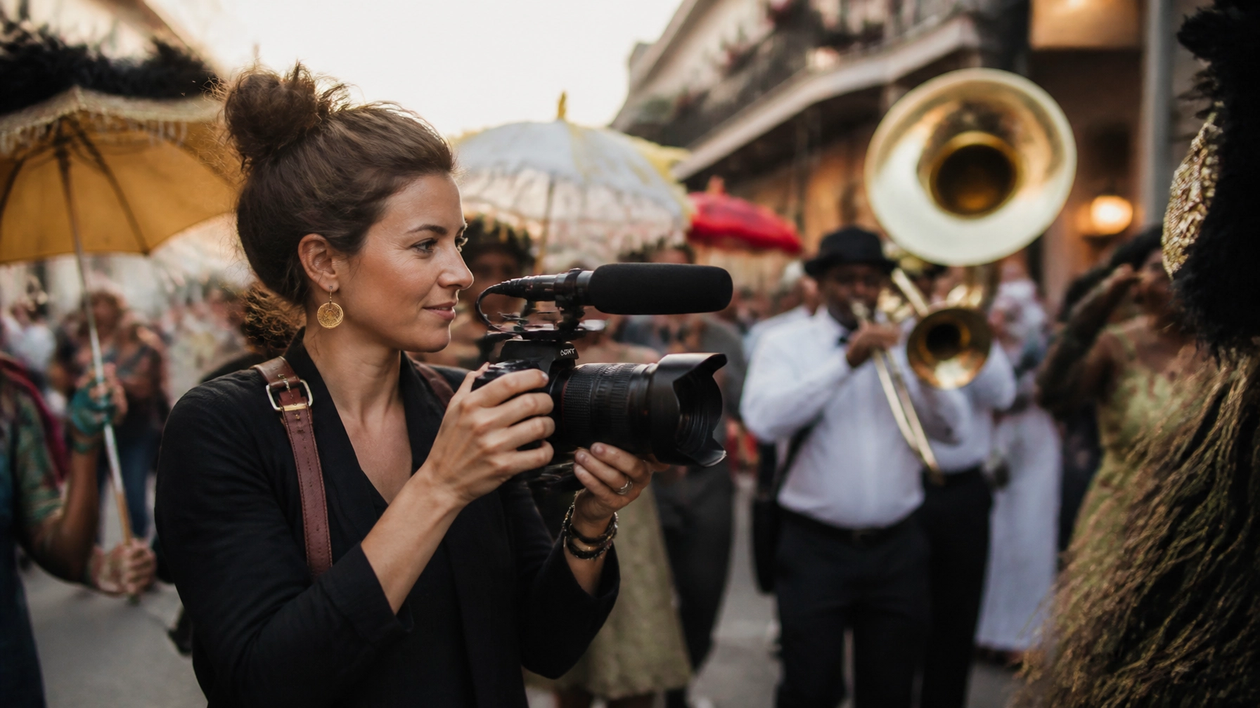 A female videographer capturing the energy and movement of a Second Line parade on a vibrant New Orleans street.
