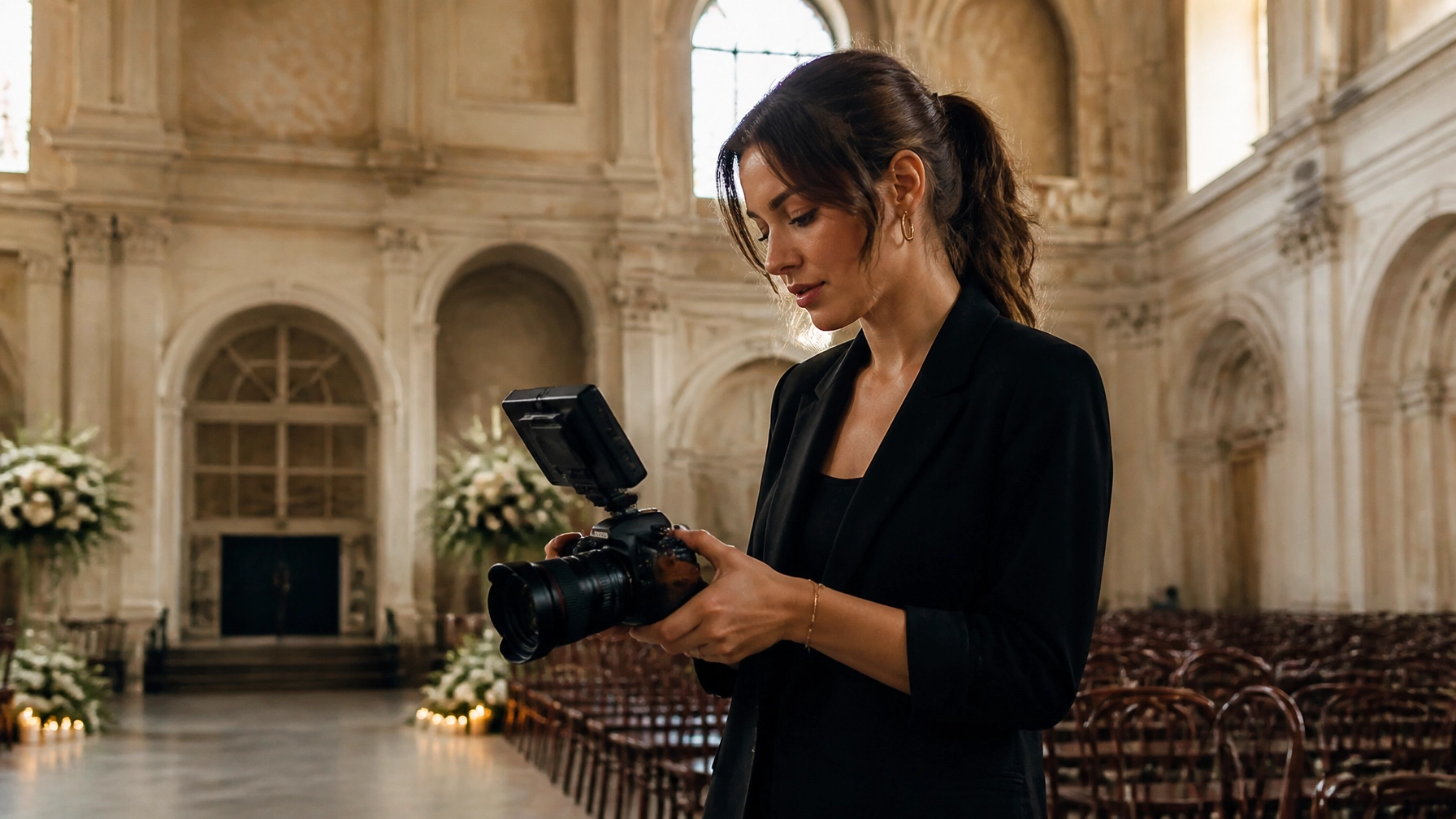 A female wedding filmmaker working inside a grand, historic New Orleans venue, focused on her camera screen in soft, warm light.