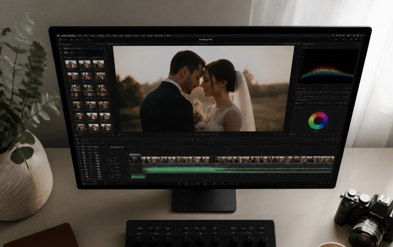 A female videographer editing a cinematic wedding film on a laptop
